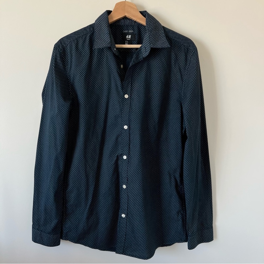 Men Polka Dot Navy Button-up Long Sleeve Shirt Top
